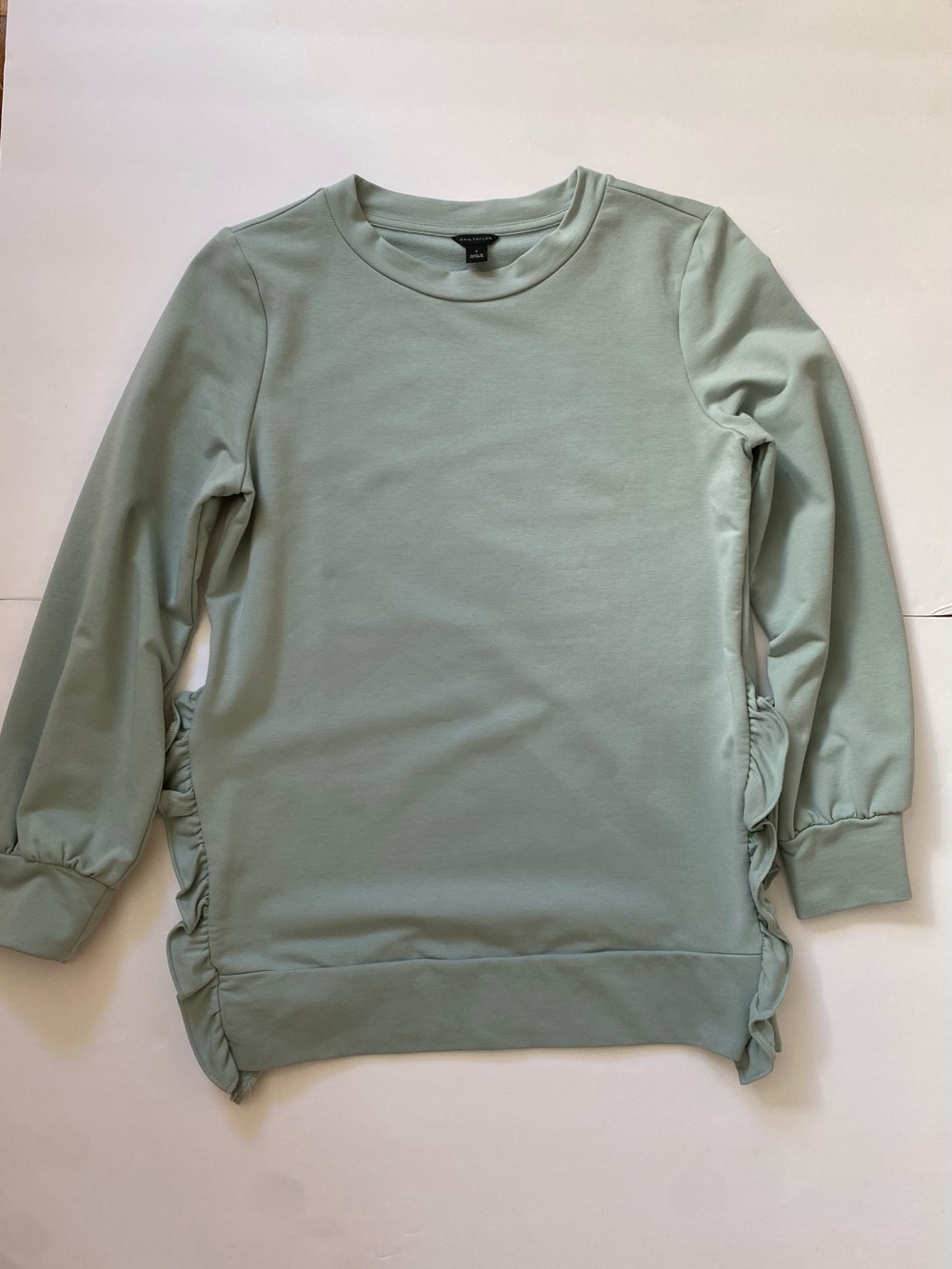 NWOT Ann Taylor Ruffle Side Slit Sweatshirt Small  Sage Mint Pastel Teal Tunic